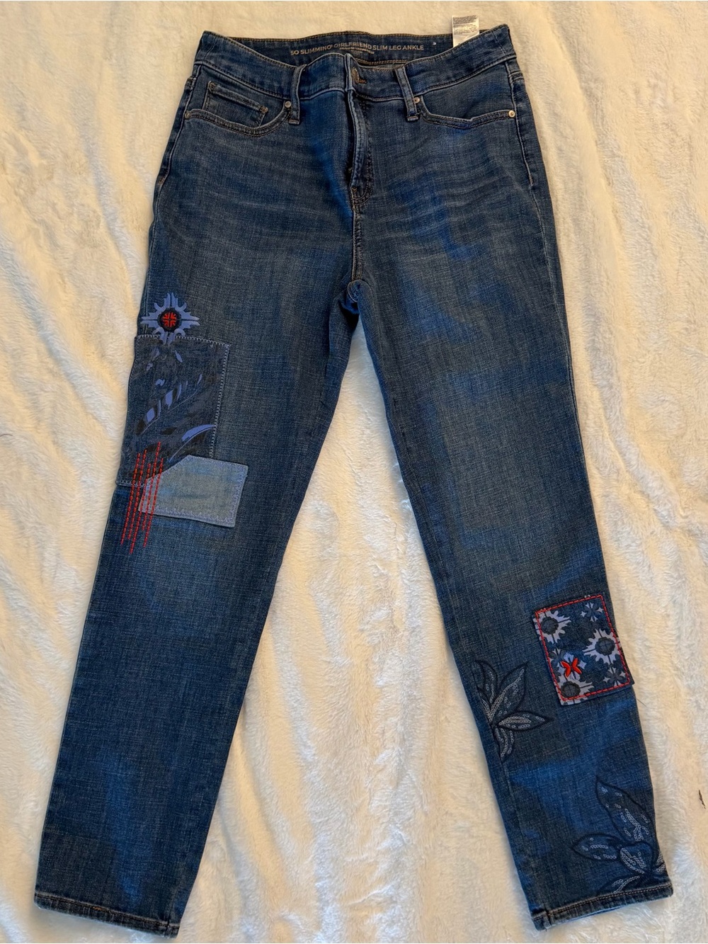 Chicos Women Jeans 4 R Blue Patchwork So Slimming Girlfriend Slim Leg Ankle
